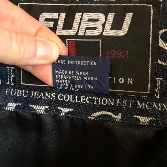 Vintage 90s FUBU Denim All Over Print MCMXCII Jeans Collection Jacket 5X - Picture 13 of 14